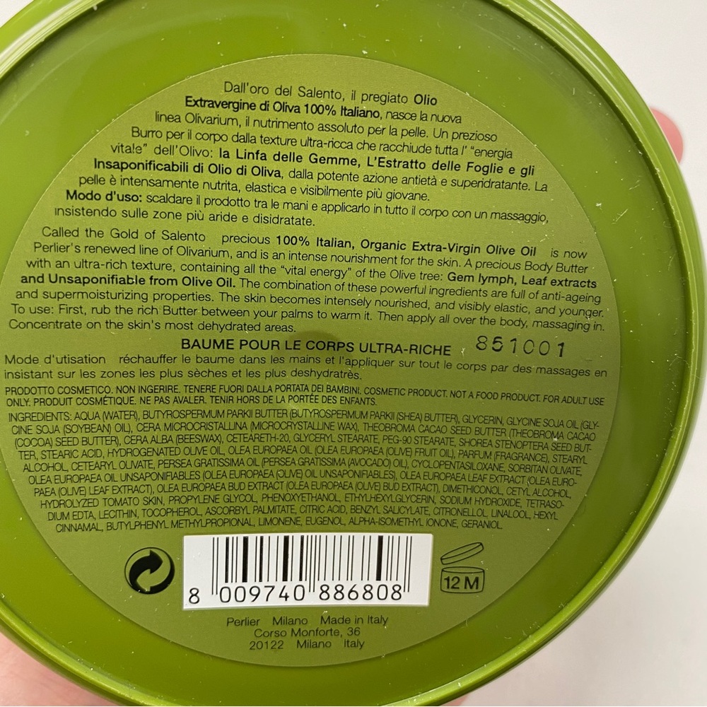 PERLIER Olivarium Italian Organic 100% Olive Oil Ultra Rich Body Butter - Picture 3 of 6